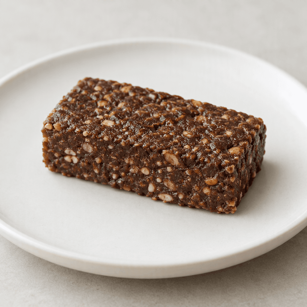 A short, rectangular, dark-brown bar with a dense, slightly rough surface and small lighter-colored bits visible throughout, served on a plain plate.