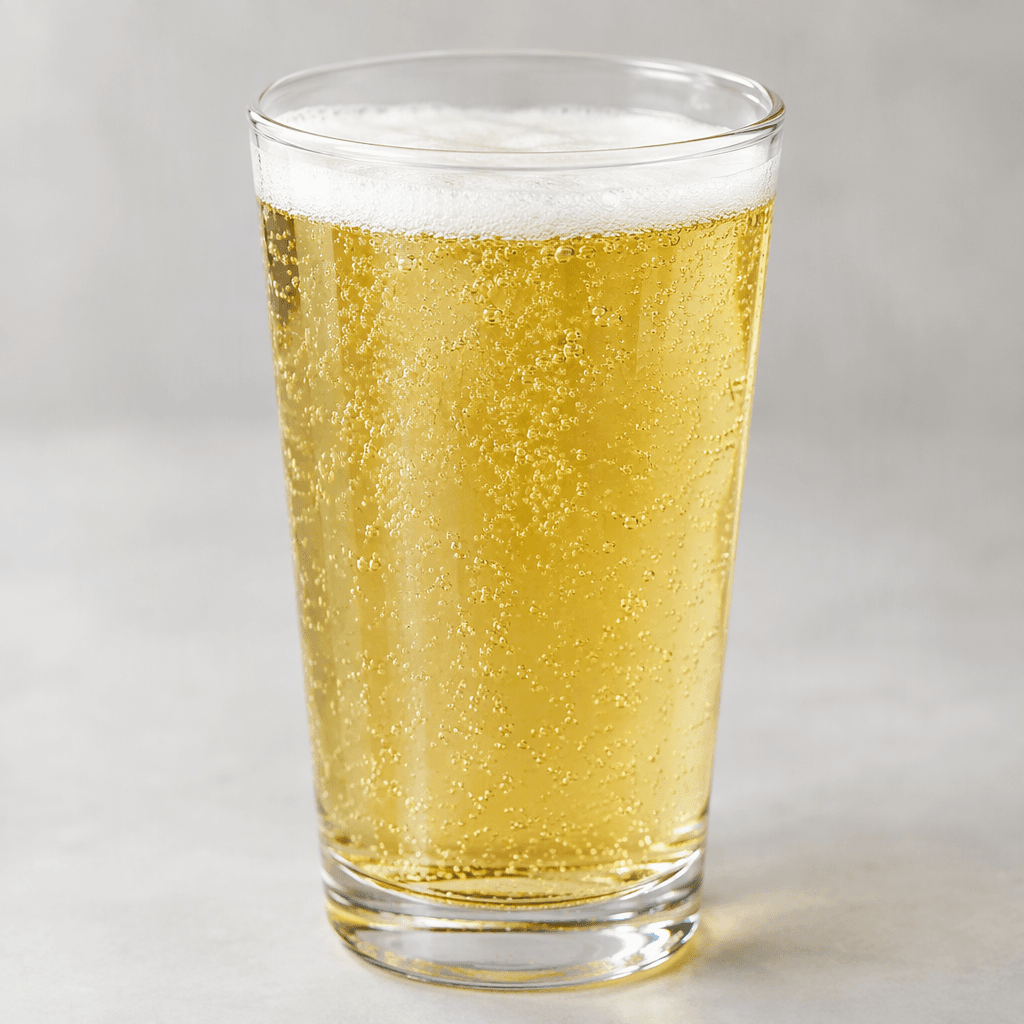 A translucent pale golden beverage with fine bubbles throughout, served in a clear glass with a thin layer of foam at the surface.