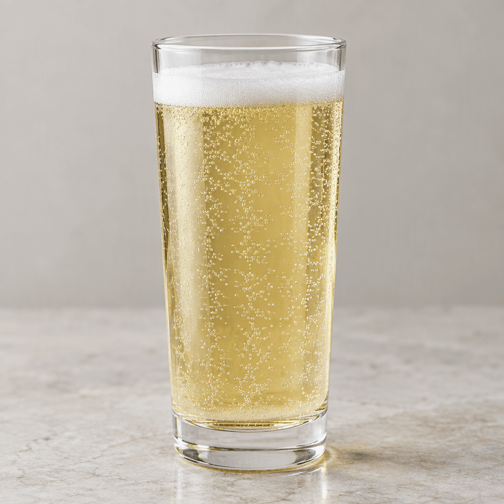 A clear, pale straw-colored carbonated beverage in a tall transparent glass, with a thin layer of white foam and fine bubbles rising through the liquid.