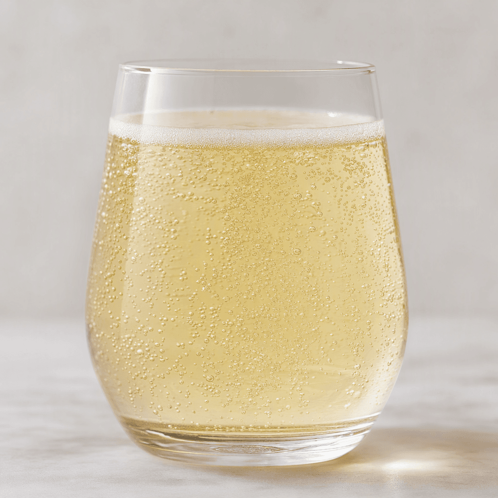 A pale golden, translucent fizzy drink sits in a clear glass, with fine bubbles rising through it and a thin white foam at the surface.