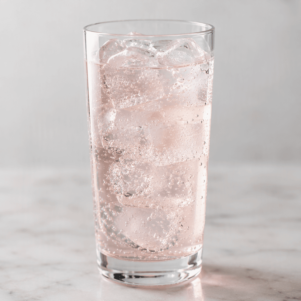 A pale, nearly clear drink with a faint pink tint and fine bubbles sits in a transparent glass.