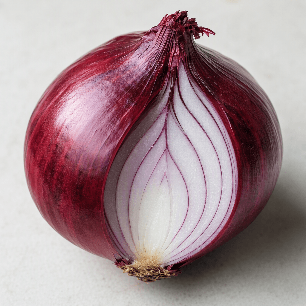 A round red onion with glossy deep purple-red papery skin, a small dried stem at the top, and pale white flesh with purple rings visible where it is cut open.