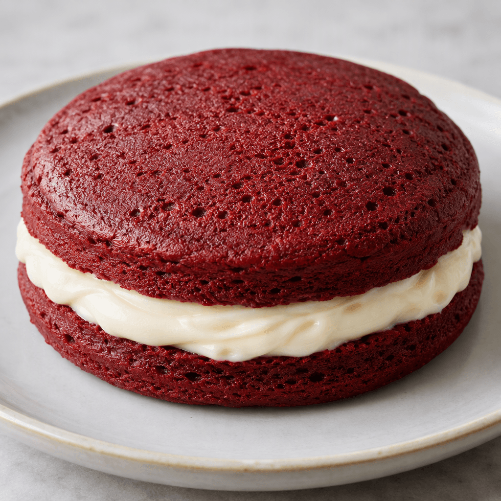 A thick, round, deep-red pancake with a soft, slightly porous surface and a white chocolate cream filling visible at the edge, served on a plate.