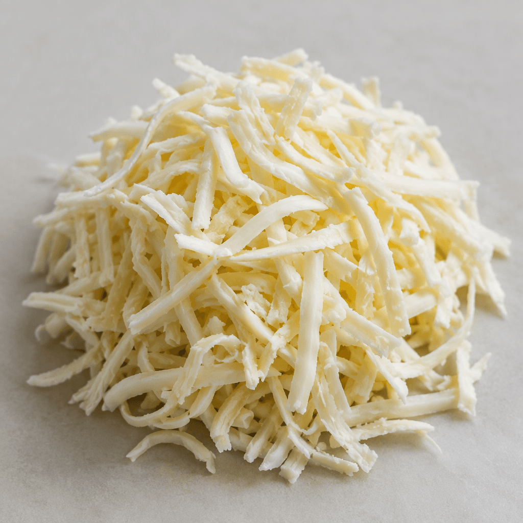 Loose, thin white to pale-cream cheese strands with a soft, slightly moist texture, piled loosely in a small mound.