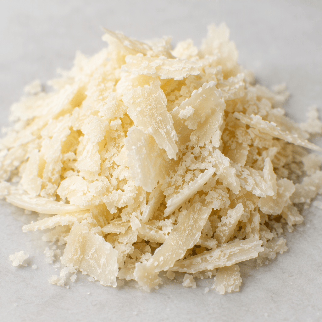 Fine, dry, pale ivory cheese shavings with an uneven granular texture, loosely scattered in a small fluffy mound.