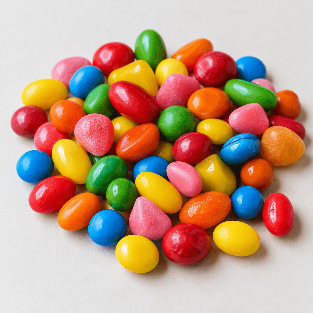 An assortment of small, brightly colored candies in red, yellow, green, blue, orange, and pink, with smooth glossy surfaces and varied round, oval, and irregular shapes, scattered together on a plain surface.