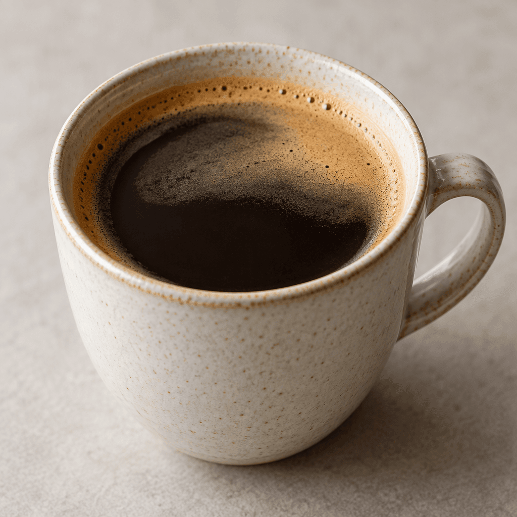 A dark-brown coffee drink sits in a cup, with a smooth surface and a thin layer of tan foam.