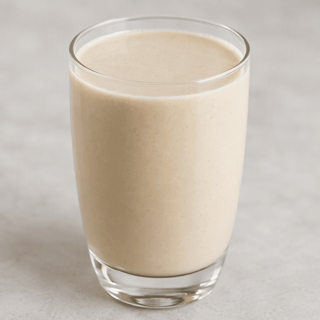 A smooth, pale beige drink fills a clear glass, with an even, lightly creamy surface.