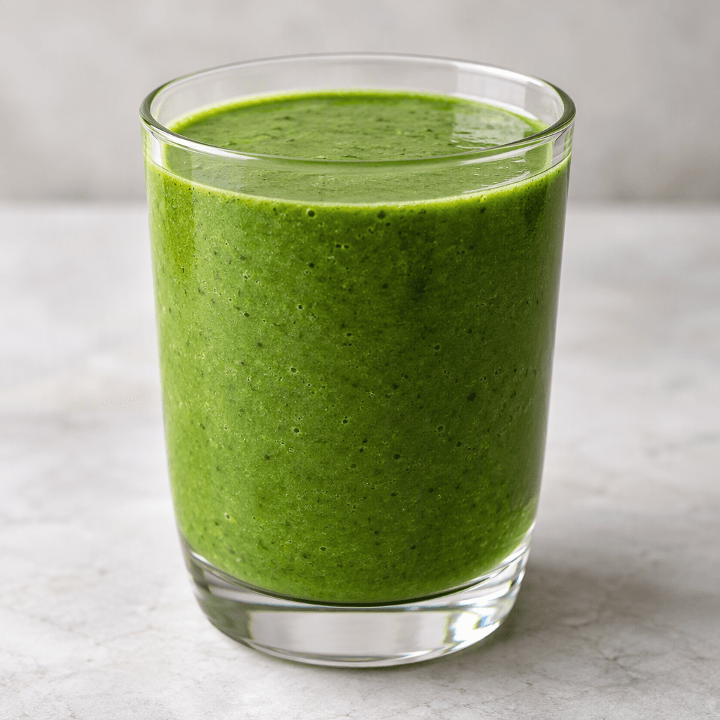 An opaque, leafy-green beverage with a smooth, even surface, served in a clear glass.