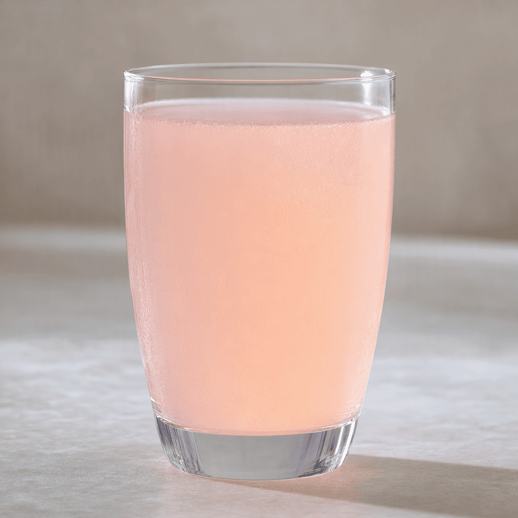 A pale pink, slightly cloudy drink sits in a clear glass.