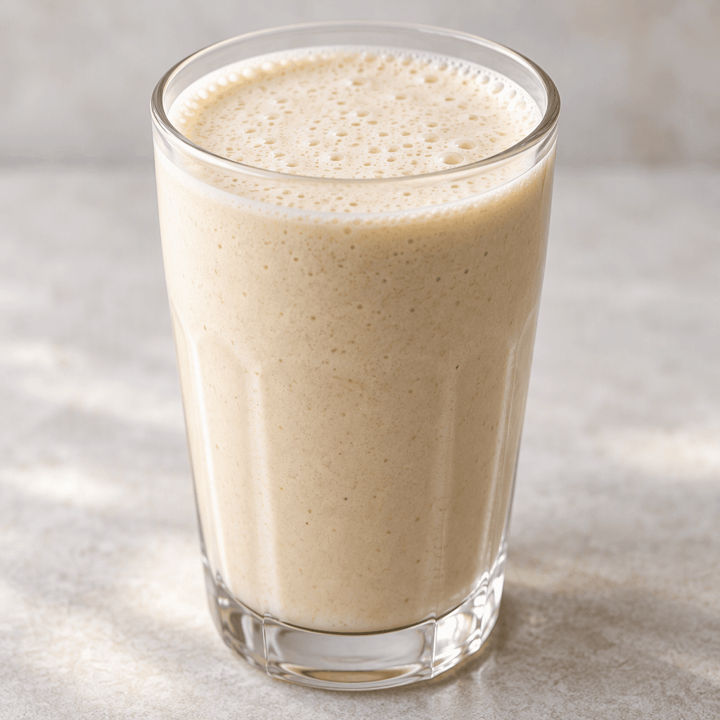 A smooth, creamy, pale beige protein shake fills a clear glass, with a lightly foamy surface.
