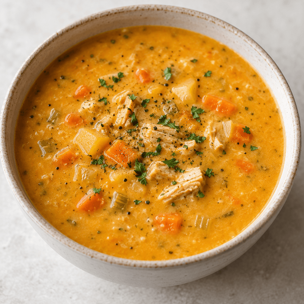 A thick, pale orange vegetable soup sits in a bowl, with small visible pieces of vegetables and protein scattered through its smooth, lightly textured surface.