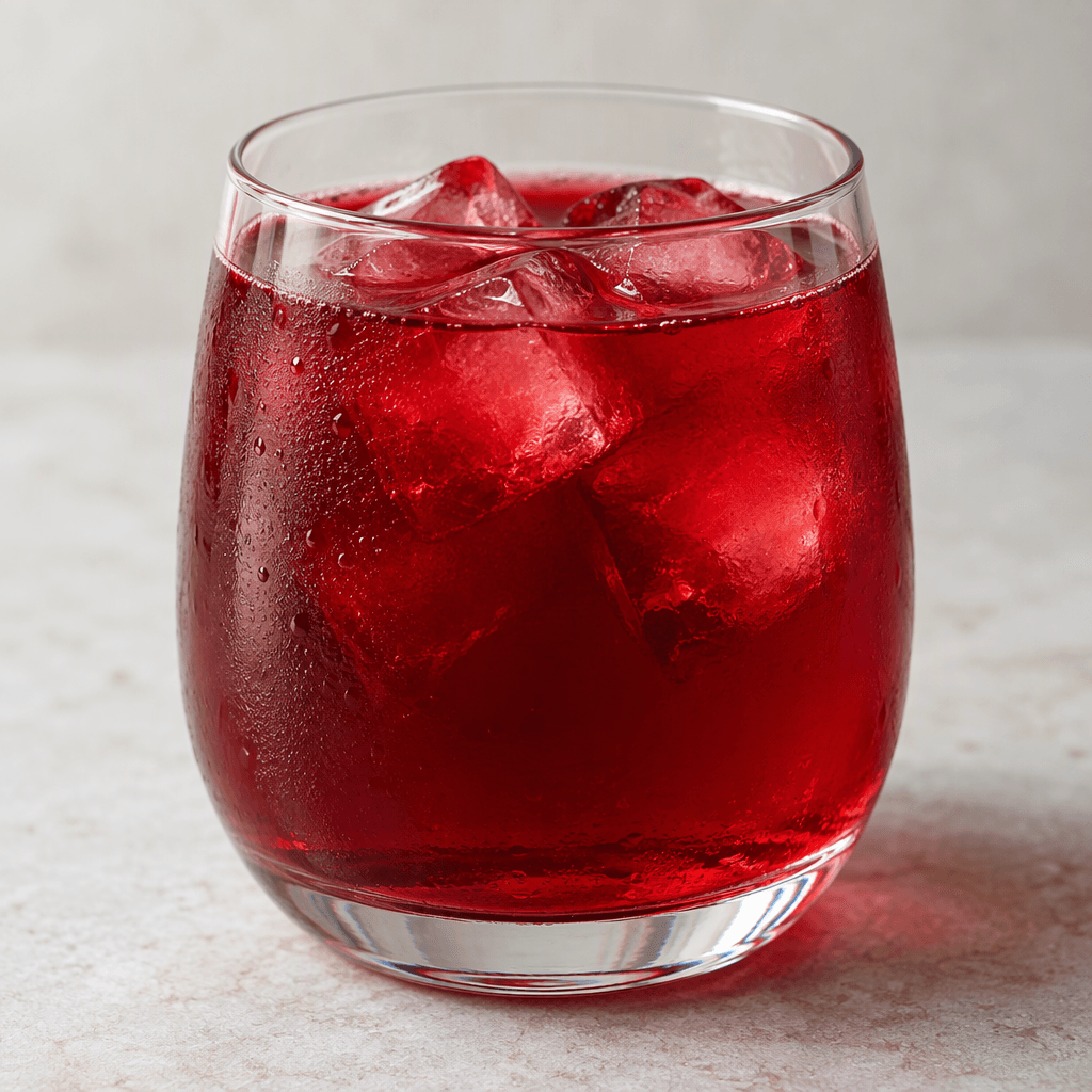 A deep red beverage with a smooth, translucent appearance, served in a clear glass.