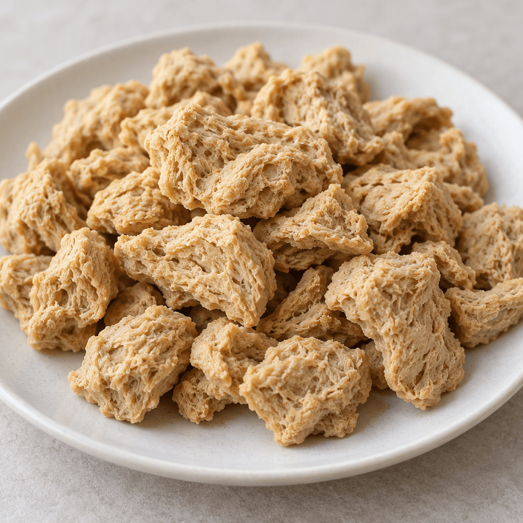 Irregular, porous, light-tan protein pieces with a dry, fibrous texture, piled loosely on a plain plate.
