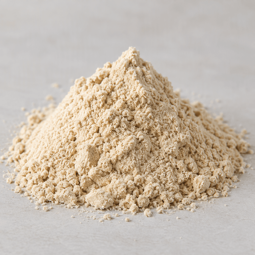 A mound of fine, pale beige protein powder with a soft, slightly grainy texture, resting in a small heap.
