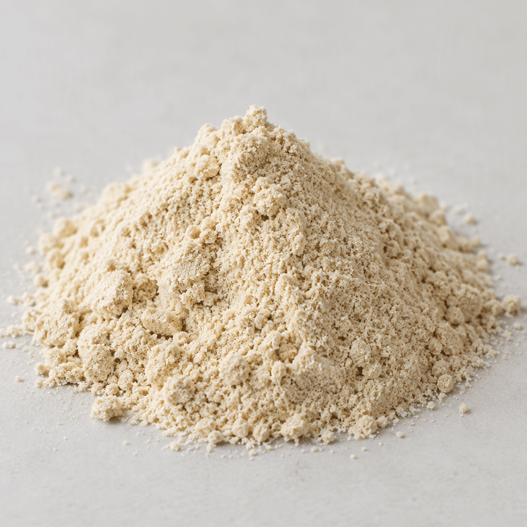 A small mound of fine, loose, pale beige protein powder with a softly granular texture.