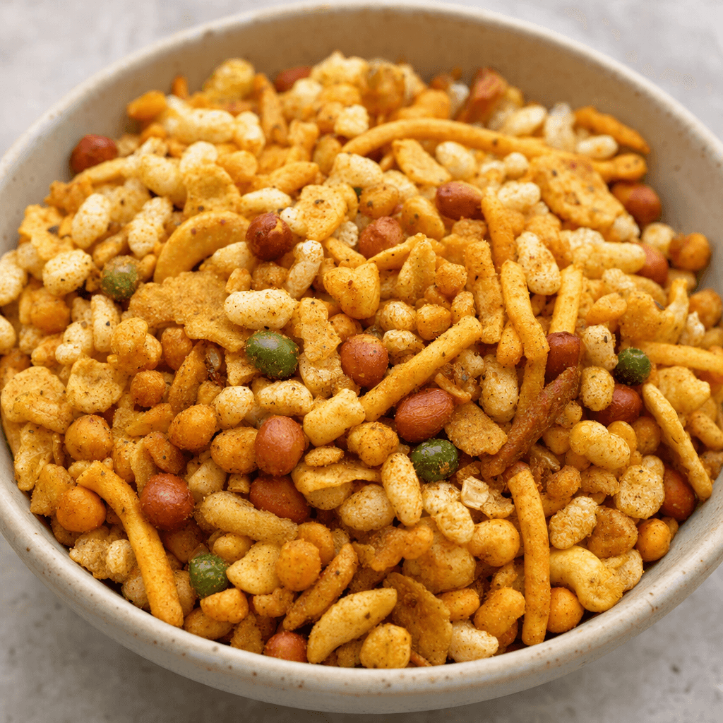 A loose mix of small, irregular snack pieces in varied colors and textures, gathered together in a shallow bowl.