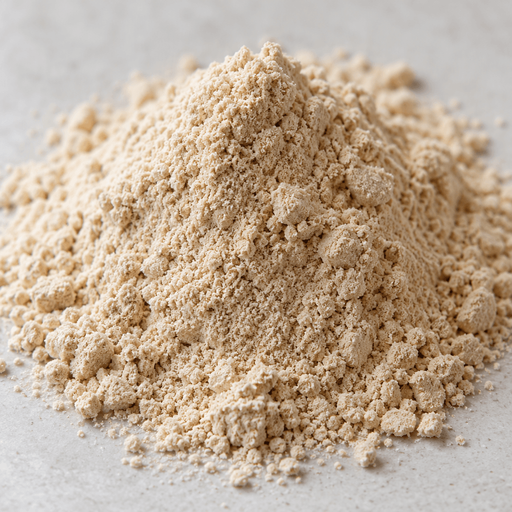 A loose mound of fine, pale beige plant protein powder with a dry, slightly granular texture.