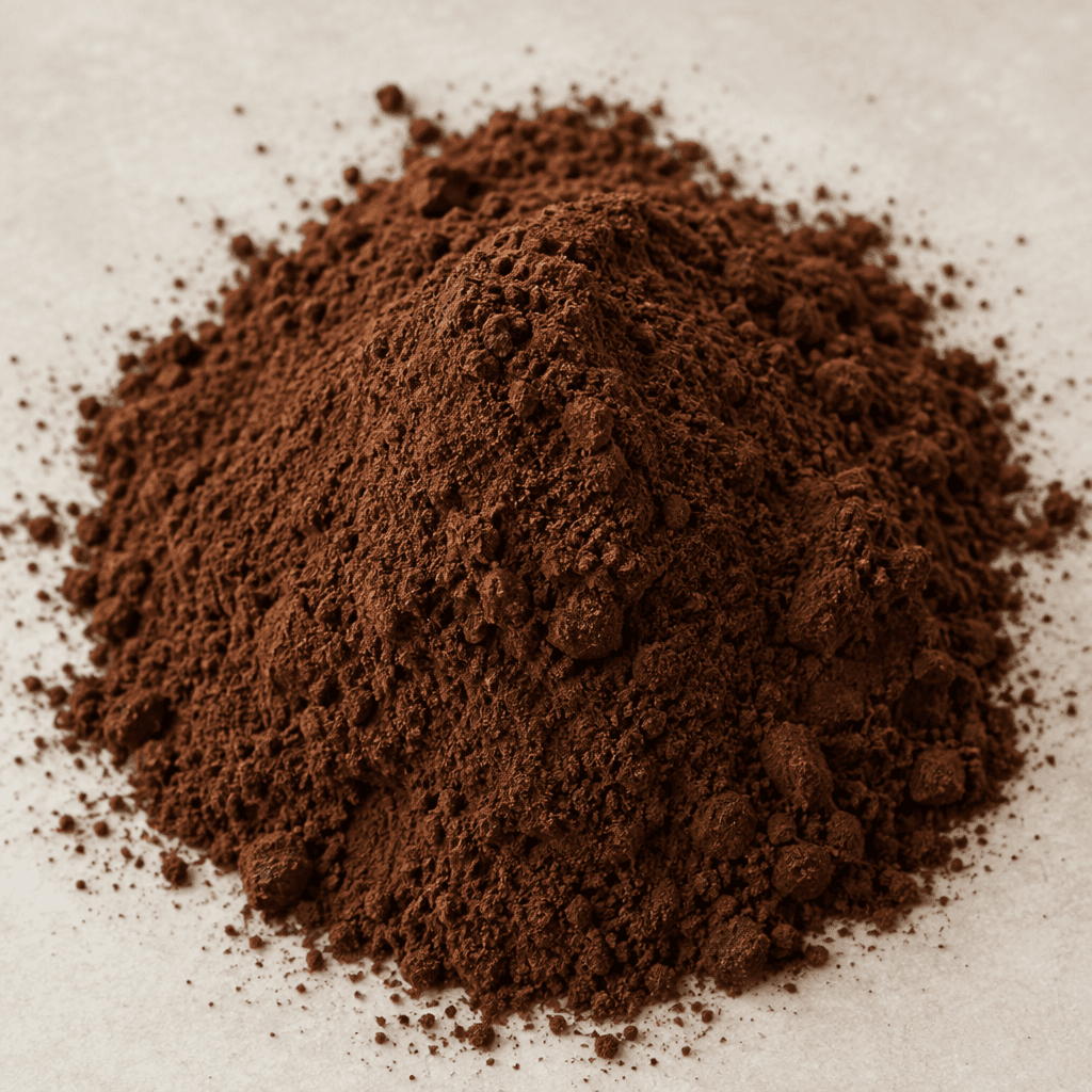 A loose, finely milled cocoa mixture in a deep, nearly black brown color, with a soft, matte, powdery texture.