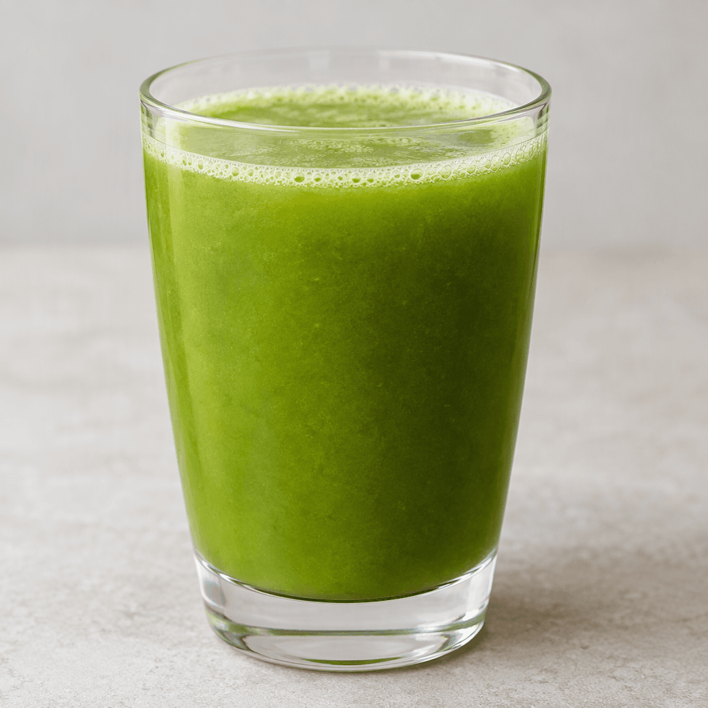 A vivid green, slightly cloudy drink with a smooth surface and a thin layer of fine bubbles, served in a clear glass.