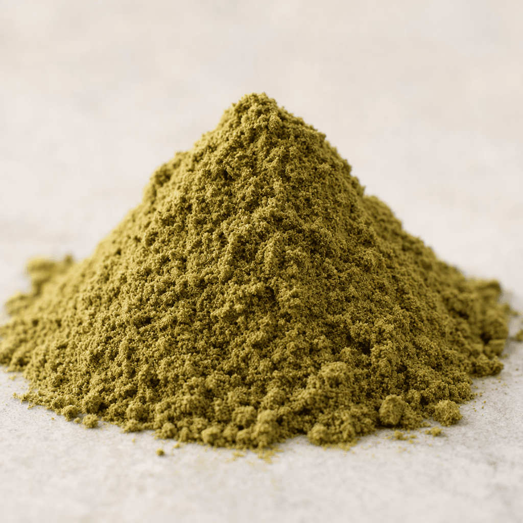 A small mound of fine, muted green-brown powder with a dry, slightly granular texture.
