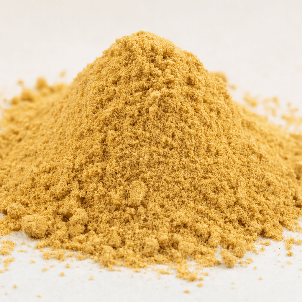 A fine, dry golden-beige powder sits in a small mound, with a slightly coarse, grainy texture.