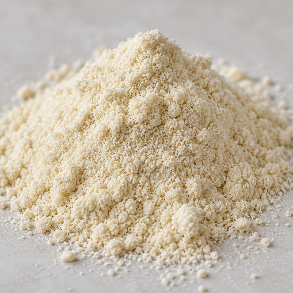 A loose, finely ground pale cream powder sits in a small mound, with a soft, slightly uneven surface.