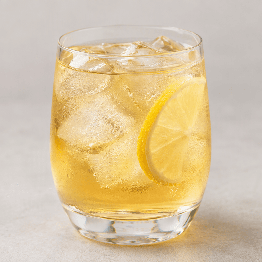 A chilled, translucent light-golden drink sits in a clear glass, with a few ice cubes and a thin citrus slice visible.