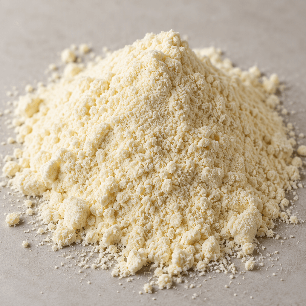 A loose mound of fine, pale cream-colored powder with a slightly grainy texture rests on a plain surface.