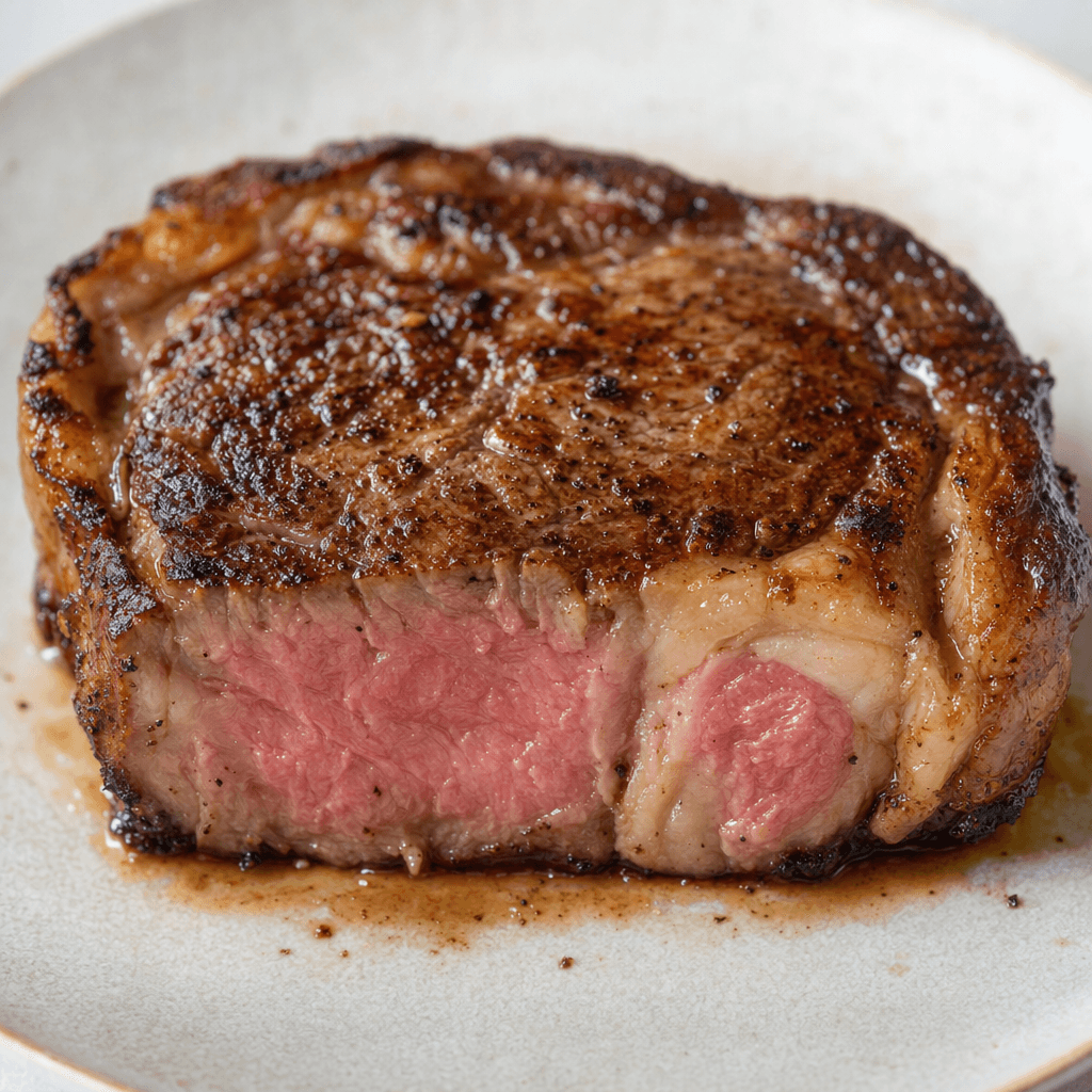 A thick, roughly oval ribeye steak with a browned, seared surface, a pink center, and creamy white streaks of fat running through the meat, rests on a plate.