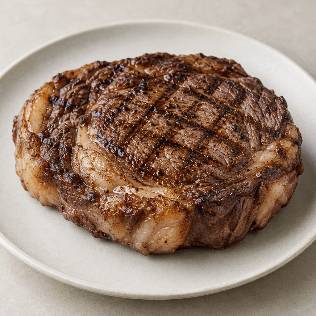 A thick, roughly oval ribeye steak with a dark-brown seared crust, distinct grill marks, and pale ribbons of fat along its edge rests on a plate.