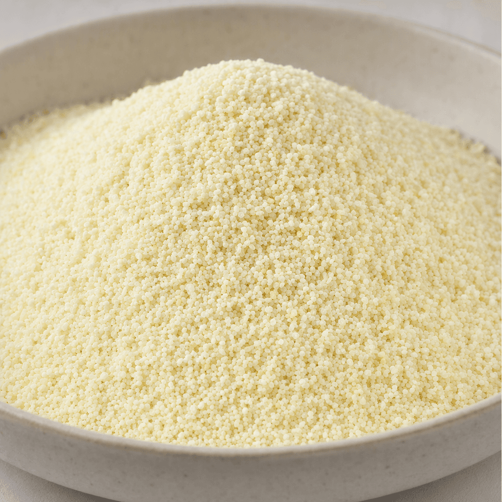 Loose, dry rice semolina forms a pale ivory mound of tiny, uneven grains with a slightly coarse, granular texture.