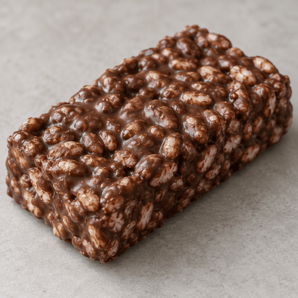 A rectangular bar of tightly packed, pale puffed rice with an uneven, pebbly surface, coated in smooth dark-brown chocolate.