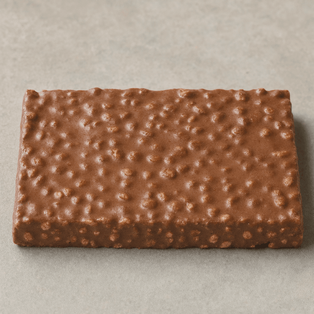 A rectangular milk-chocolate-brown bar with a slightly bumpy surface and small crisp rice grains visible throughout, resting on a plain surface.