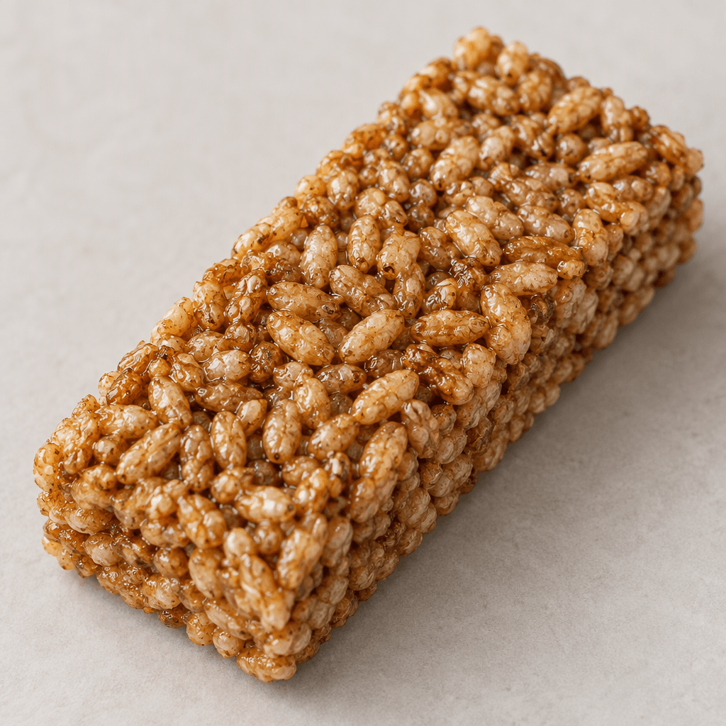 A slim, rectangular bar of tightly packed puffed brown rice, with a rough, bumpy surface and visible golden-brown grains.