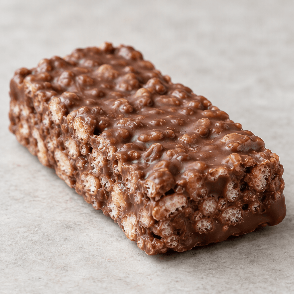 A compact, rectangular dark-brown bar with a slightly uneven surface, visible crisp rice pieces, and a smooth milk-chocolate coating.