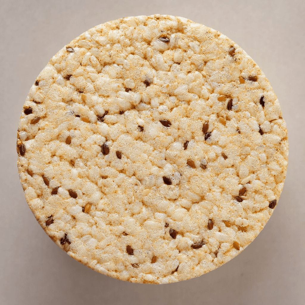 A round, flat, pale beige rice cake with a rough, airy surface, dotted with small dark and tan mixed seeds.