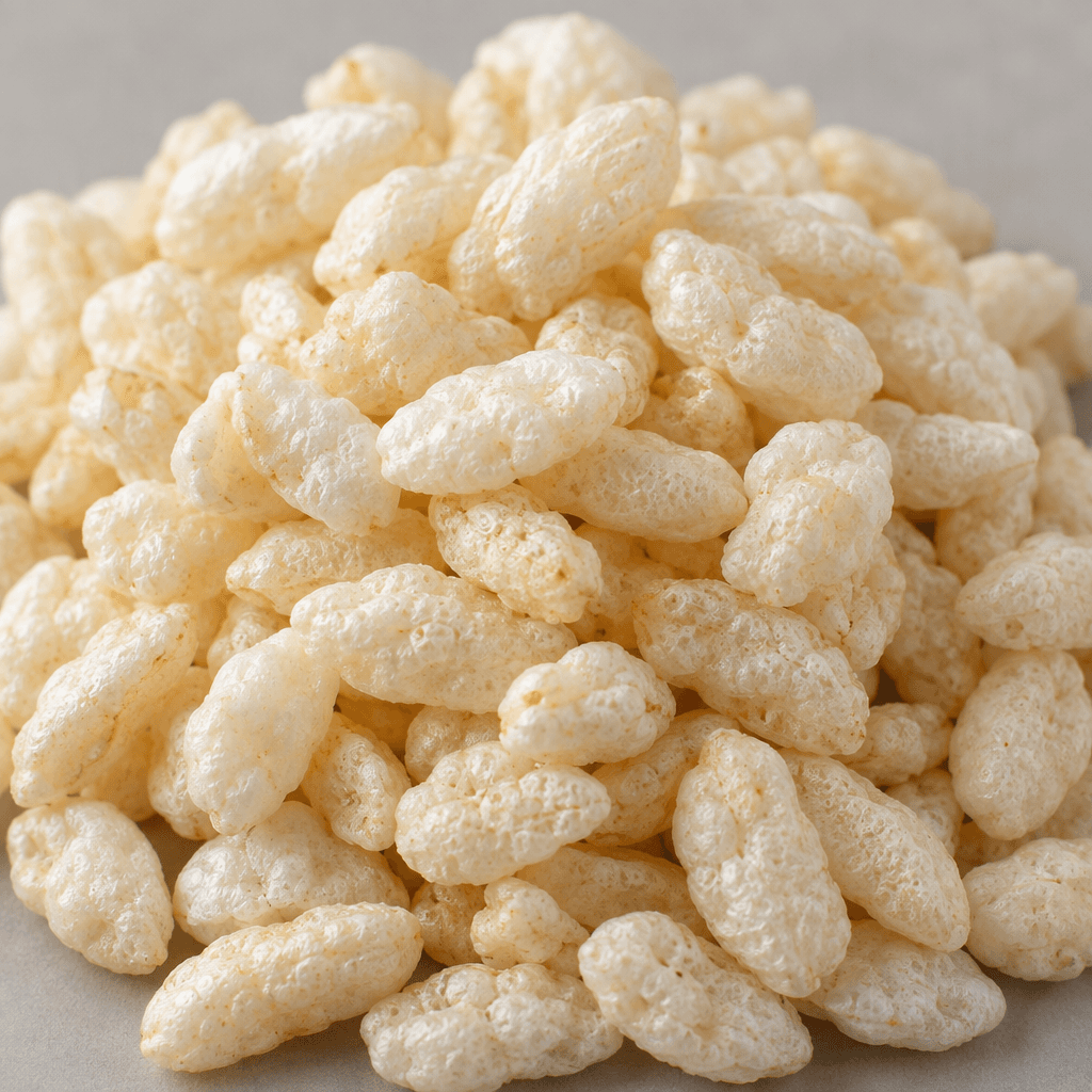 Small, airy puffed-rice pieces with irregular rounded shapes and a pale cream colour are piled loosely together.