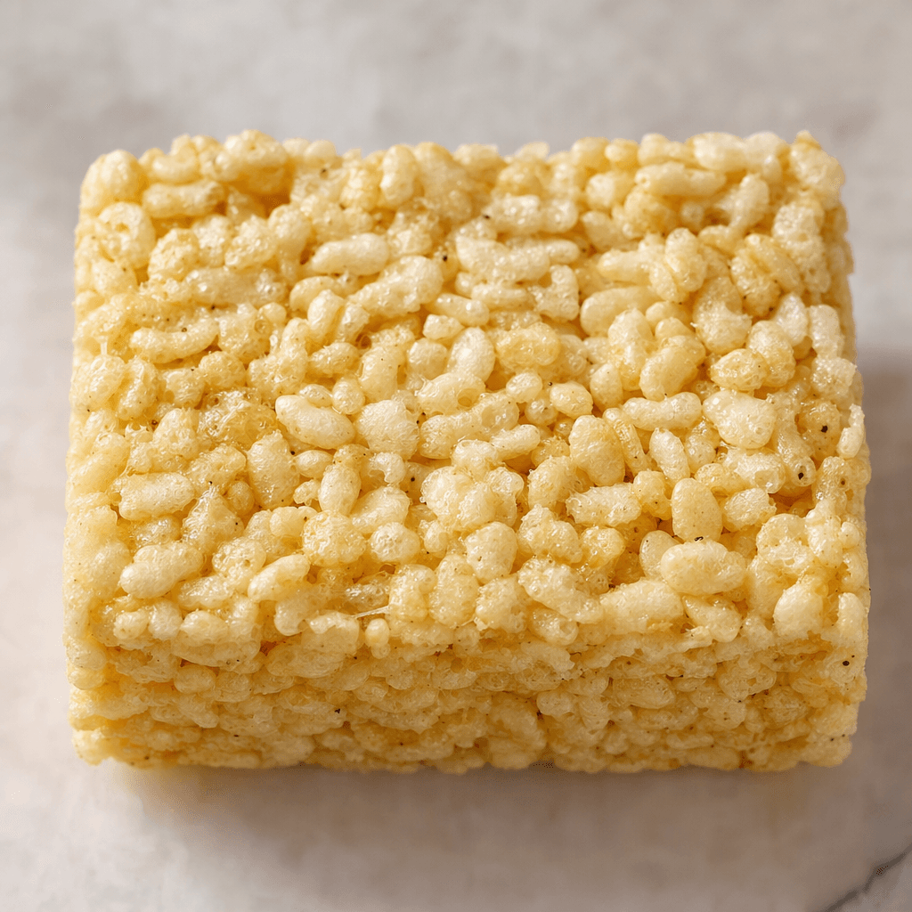 A short rectangular bar of tightly packed puffed rice, with a bumpy, grain-speckled surface in pale golden beige.