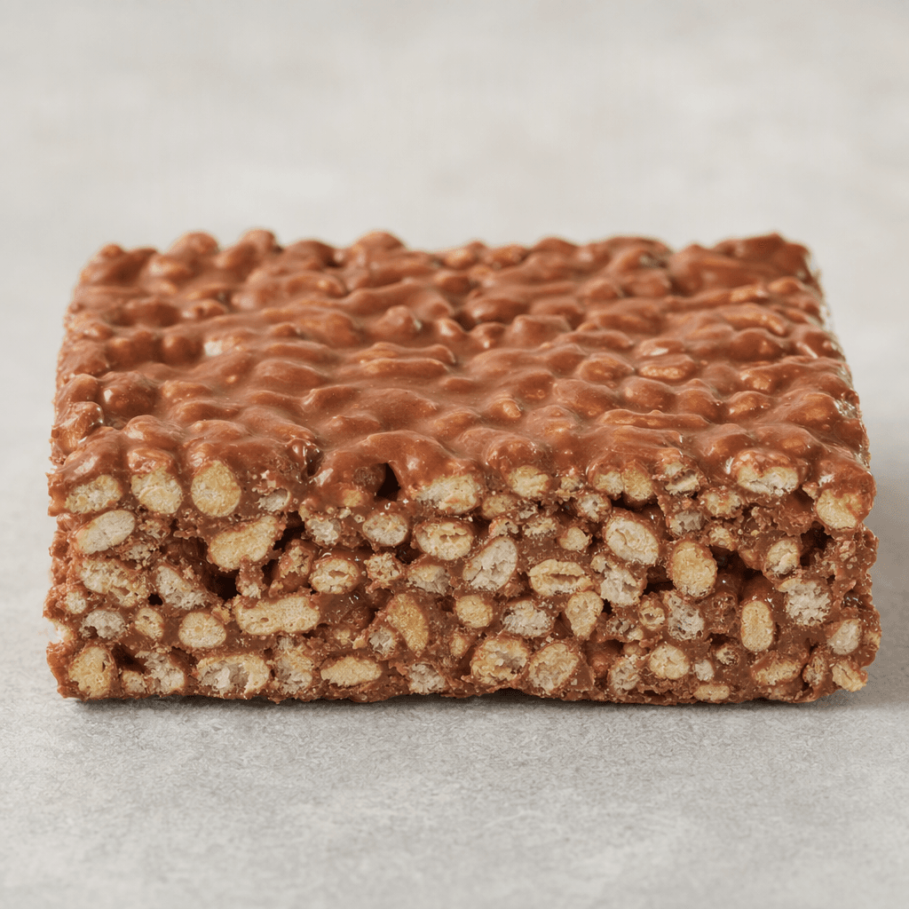 A compact rectangular bar of pale, puffed rice grains bound together and coated in smooth milk chocolate, with the grainy rice texture visible along the edges.