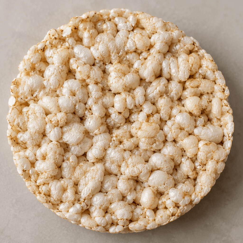 A light beige, round, flat rice cake with a coarse, bumpy surface of tightly packed puffed grains and an uneven edge.