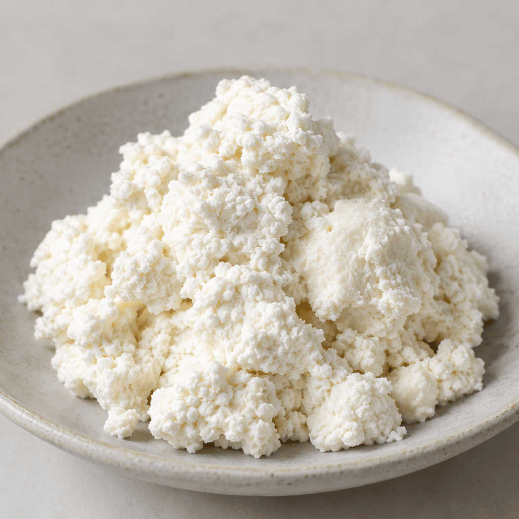 Soft, white ricotta with a moist, slightly lumpy curd texture, piled loosely in a small mound on a plate or in a shallow bowl.