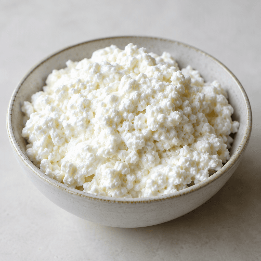 Soft, bright white cheese with a moist, creamy texture and fine, irregular curds, loosely piled in a small bowl or spread in a thick mound on a plate.