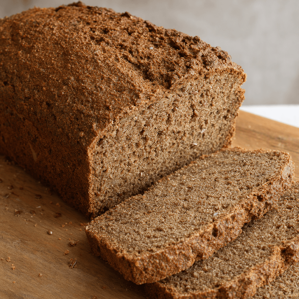 A rustic, dark brown buckwheat loaf with a dense, coarse crumb dotted with small flaxseeds and a lightly browned crust, shown whole beside a few slices.