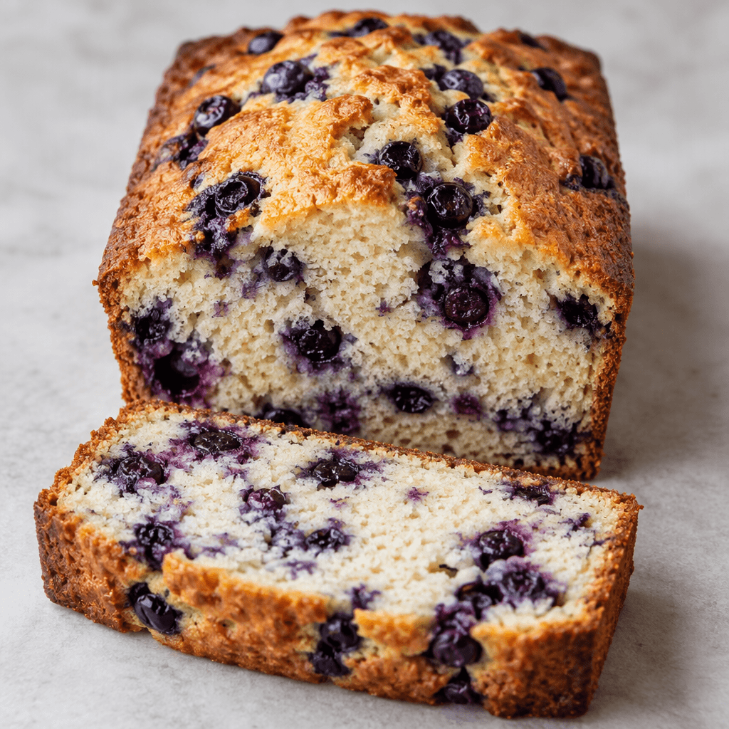 A golden-brown, rectangular loaf of bread with a tender-looking pale crumb dotted with deep blue-purple blueberries, shown whole beside a thick slice.