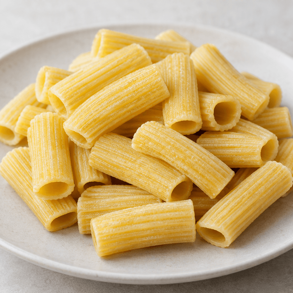 Short, wide, hollow pasta tubes with straight-cut ends, deep evenly spaced ridges running lengthwise, and a pale golden-yellow, slightly rough surface, served in a simple heap on a plate.