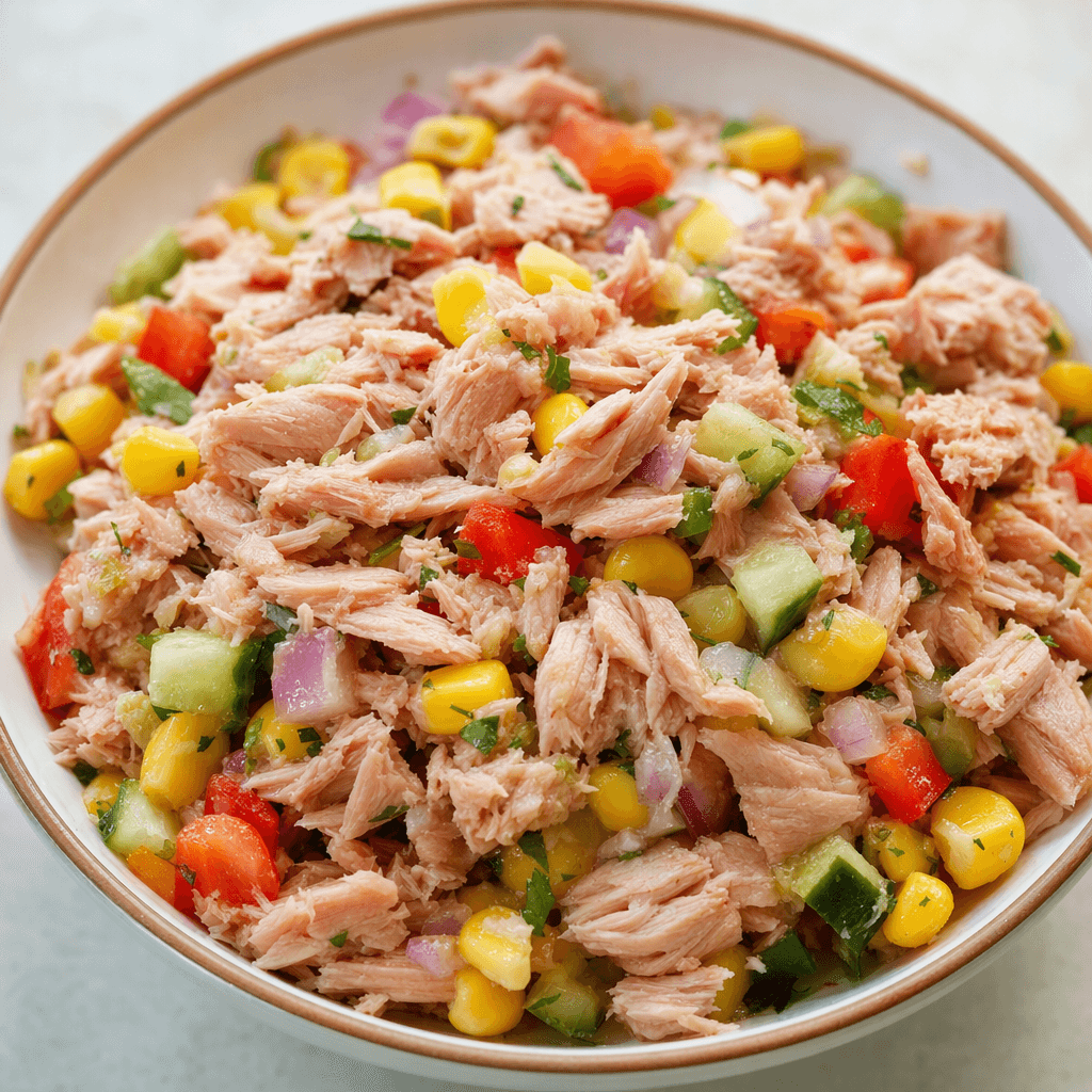 Flaked pale pink tuna is mixed with small pieces of yellow corn and diced vegetables in a colorful salad, served in a bowl.