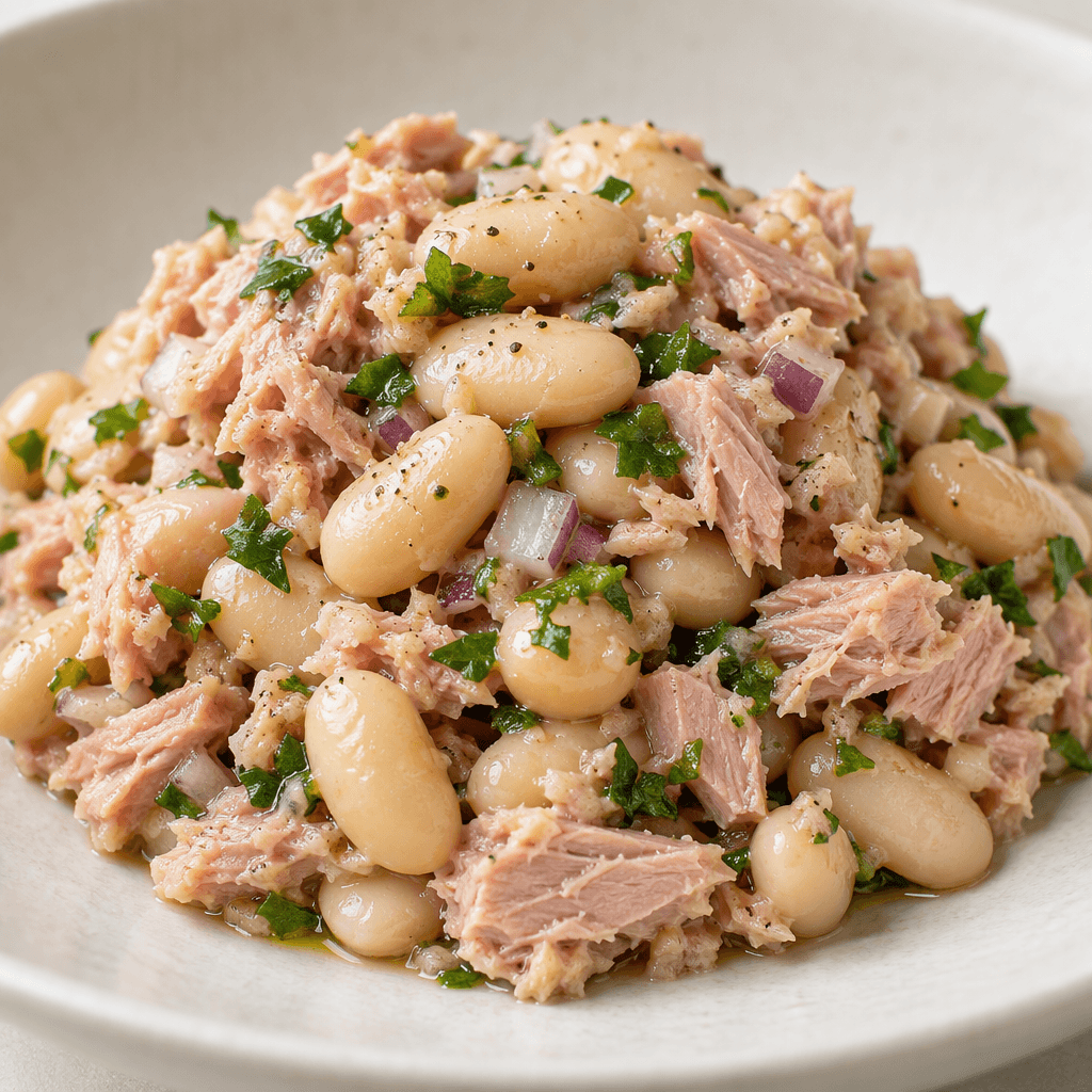 A moist salad of plump pale beige beans mixed with pink tuna flakes, served together in a compact mound.