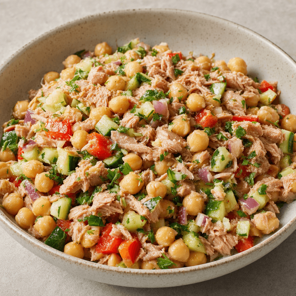 A colorful salad of round beige chickpeas mixed with pale pink tuna flakes and small pieces of vegetables, served in a shallow bowl with a light sheen of dressing.
