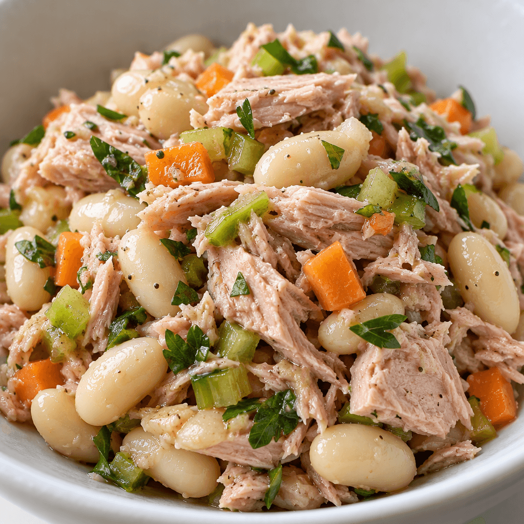 Flakes and small chunks of pale pink tuna are mixed with plump ivory beans and tiny orange and green vegetable pieces, lightly glossy and loosely piled together.
